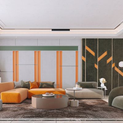 现代客厅，沙发茶几组合，饰品，摆件，背景墙