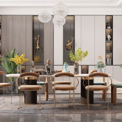 现代餐厅，餐桌椅，背景墙，陈设摆件