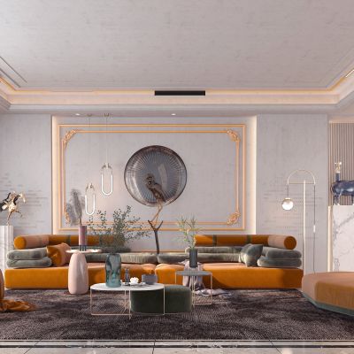 现代客厅，沙发茶几组合，饰品，摆件，背景墙