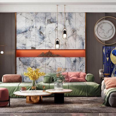 现代客厅，沙发茶几组合，饰品，摆件，背景墙