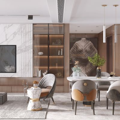 现代客餐厅，沙发茶几组合，陈设摆件，餐桌椅，背景墙，灯具