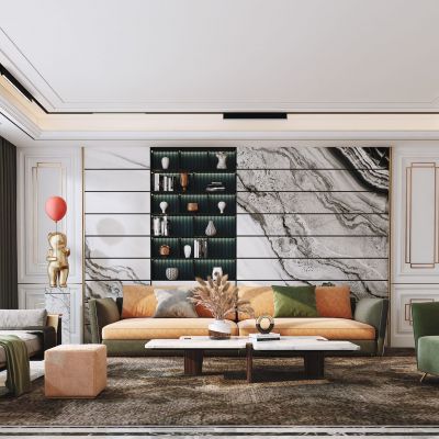 现代客厅，沙发茶几组合，饰品，摆件，背景墙