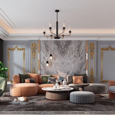 现代客厅，沙发茶几组合，饰品，摆件，背景墙