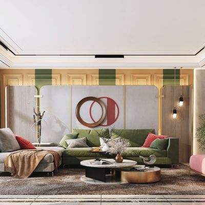 现代客厅，沙发茶几组合，饰品，摆件，背景墙