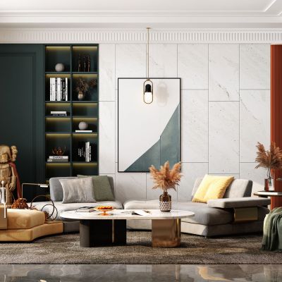 现代客厅，沙发茶几组合，饰品，摆件，背景墙