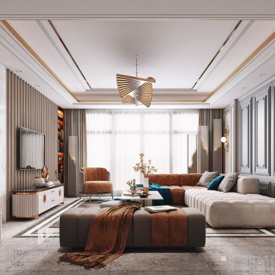 现代客厅，沙发茶几组合，陈设摆件，背景墙，灯具，单人沙发