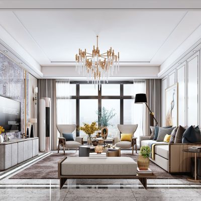 现代客厅，沙发茶几组合，陈设摆件，背景墙，陈设摆件