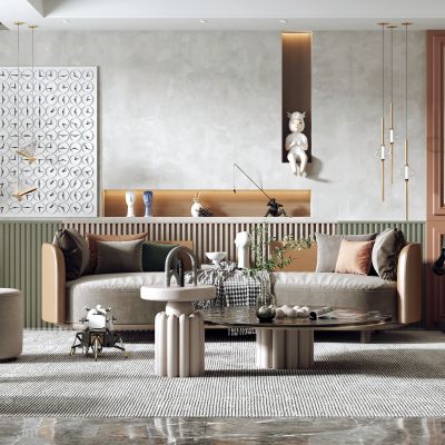 现代客厅，沙发茶几组合，沙发背景墙，陈设摆件，单椅