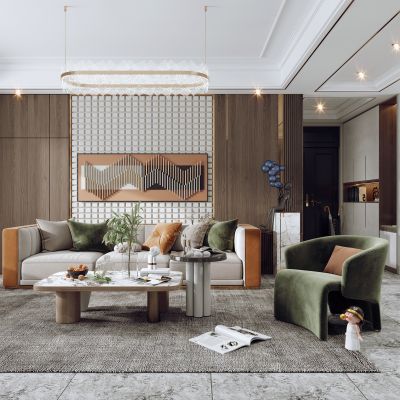 现代客餐厅，沙发茶几组合，餐桌椅，电视背景墙，沙发背景墙，单椅