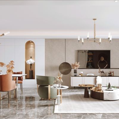 现代客餐厅，沙发茶几组合，餐桌椅，电视背景墙，沙发背景墙，陈设摆件，单椅，灯具