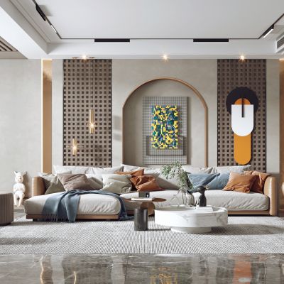 现代客厅，沙发茶几组合，陈设摆件，沙发背景墙，单椅