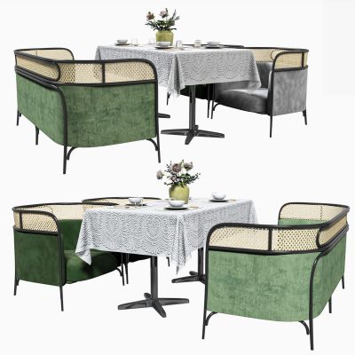 美式藤编餐厅座椅卡座组合