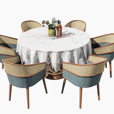现代藤编圆形餐厅桌椅组合
