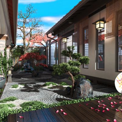 中式花园 阳台 松树 景观树 庭院