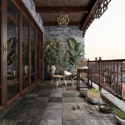 新中式阳台 轻奢阳台 生活阳台 露天景观阳台