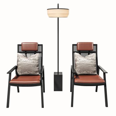 新中式单椅，休闲椅，单人沙发，落地灯