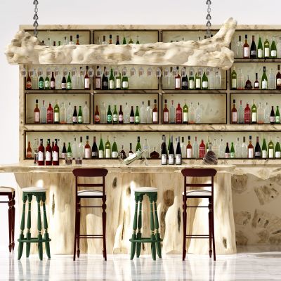 新中式原木吧台吧椅组合