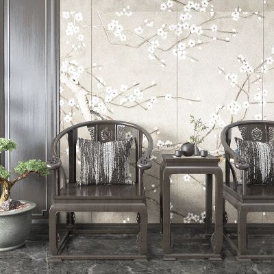 新中式圈椅 盆景 松树 背景墙