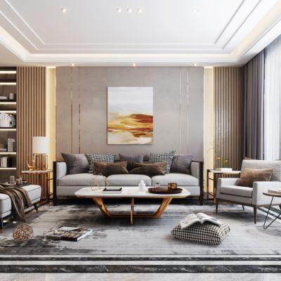 现代轻奢客厅 沙发茶几组合 挂画 休闲椅
