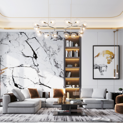 现代轻奢客厅 转角沙发茶几组合