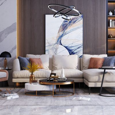 现代轻奢客厅,现代布艺转角沙发组合