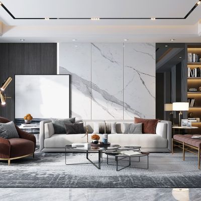 现代轻奢客厅 多人沙发茶几组合 单人沙发 沙发凳 装饰柜 落地灯