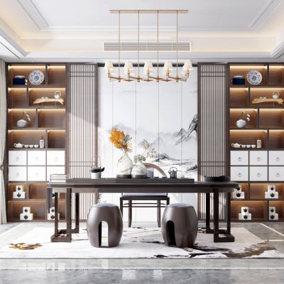 新中式茶室,茶桌椅组合,柜子,花瓶,摆件,书房