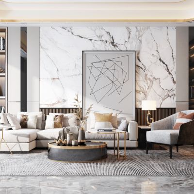 现代客厅,沙发茶几组合,休闲椅,挂画,摆件