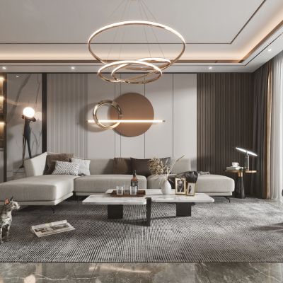 现代客厅餐厅，沙发，餐桌，电视柜，吊灯，装饰画