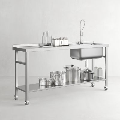 现代移动不锈钢餐车 刀具 厨房 厨具 洗手盆 锅具 餐具3D模型