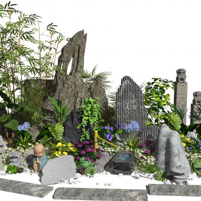 新中式景观小品假山石头水景庭院景观植物灌木花卉SU模型