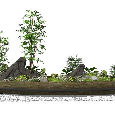 新中式景观小品假山石头植物景观树植物竹子小船SU模型
