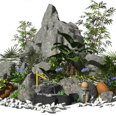 新中式景观小品假山石头水景盆栽石凳鹅卵石竹子植物花卉SU模型