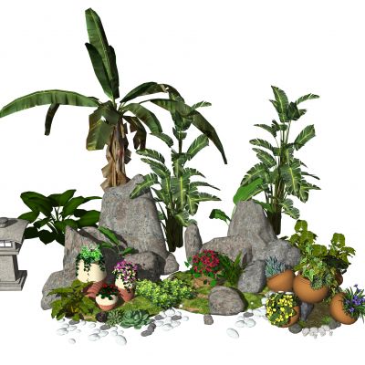 新中式景观小品庭院景观石头盆栽植物假山石头SU模型