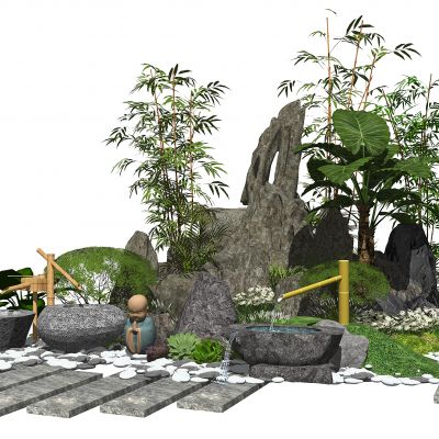 新中式景观小品庭院景观假山石头水景植物SU模型