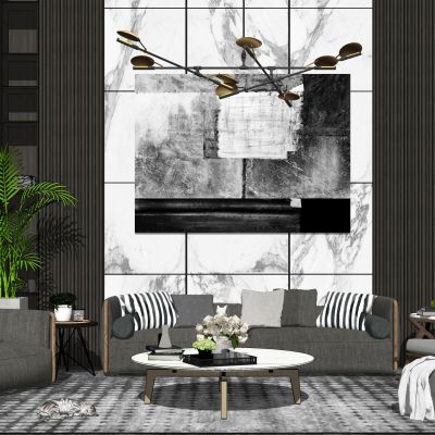 现代沙发茶几组合休闲椅客厅背景墙落地灯吊灯装饰摆件组合SU模型