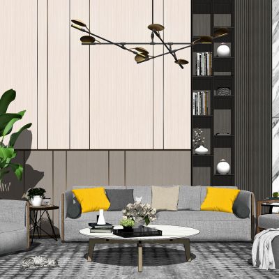 现代沙发茶几组合客厅背景墙装饰摆件休闲椅组合SU模型