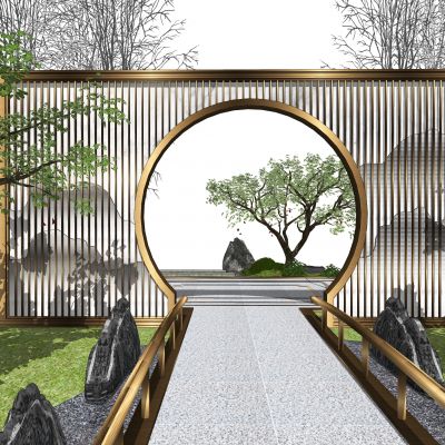 新中式景墙 景观小品 庭院景观 景观树 SU模型