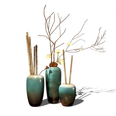 新中式装饰品花瓶枯枝摆件盆栽陈设SU模型