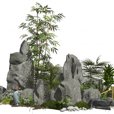 新中式景观小品假山石头庭院景观水景植物SU模型