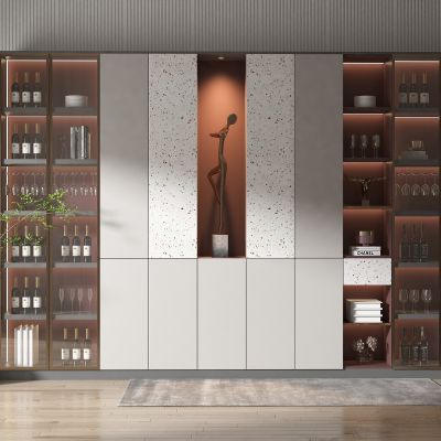 现代风格酒柜，盆栽植物，墙饰