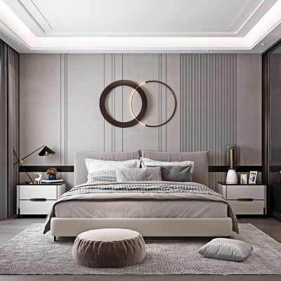 现代卧室，双人床，床头柜