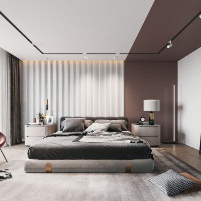 现代卧室，床，床头柜