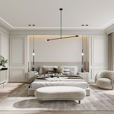 现代卧室，沙发，床头柜