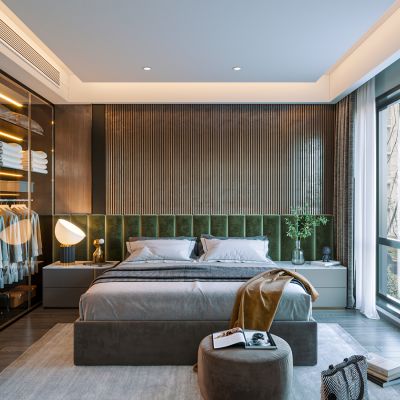 现代卧室，床，衣柜