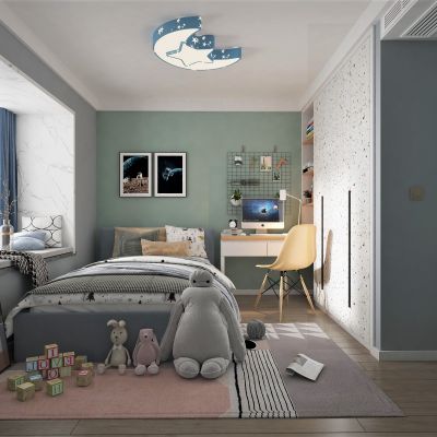 现代风格儿童房，儿童床，书桌椅，衣柜