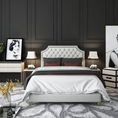 床，床头柜，台灯，博古展架，休闲椅，化妆台，艺术吊灯，床尾凳，吊椅