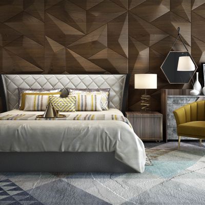 床，床头柜，台灯，博古展架，休闲椅，化妆台，艺术吊灯，床尾凳，吊椅