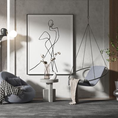 现代风格吊椅，懒人沙发，人物雕塑，盆栽植物