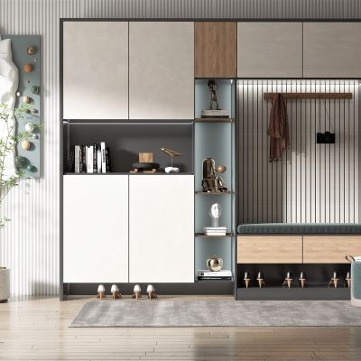 现代风格鞋柜，饰品摆件，墙饰，盆栽植物